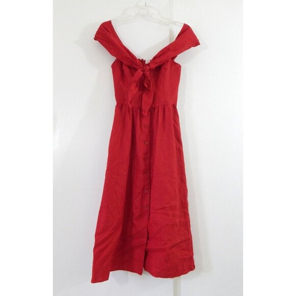 Reformation Dresses & Skirts - REFORMATION red linen dress off the shoulder smocked midi sleeveless fit flare 4